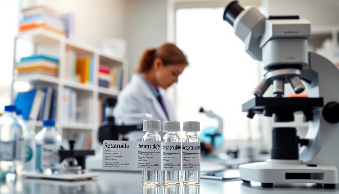Scientist examining Retatrutide samples in a bright, modern laboratory.