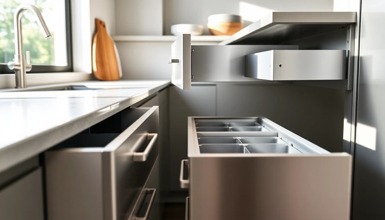 Metal double wall drawer system enhances kitchen organization with sleek design and practical features.