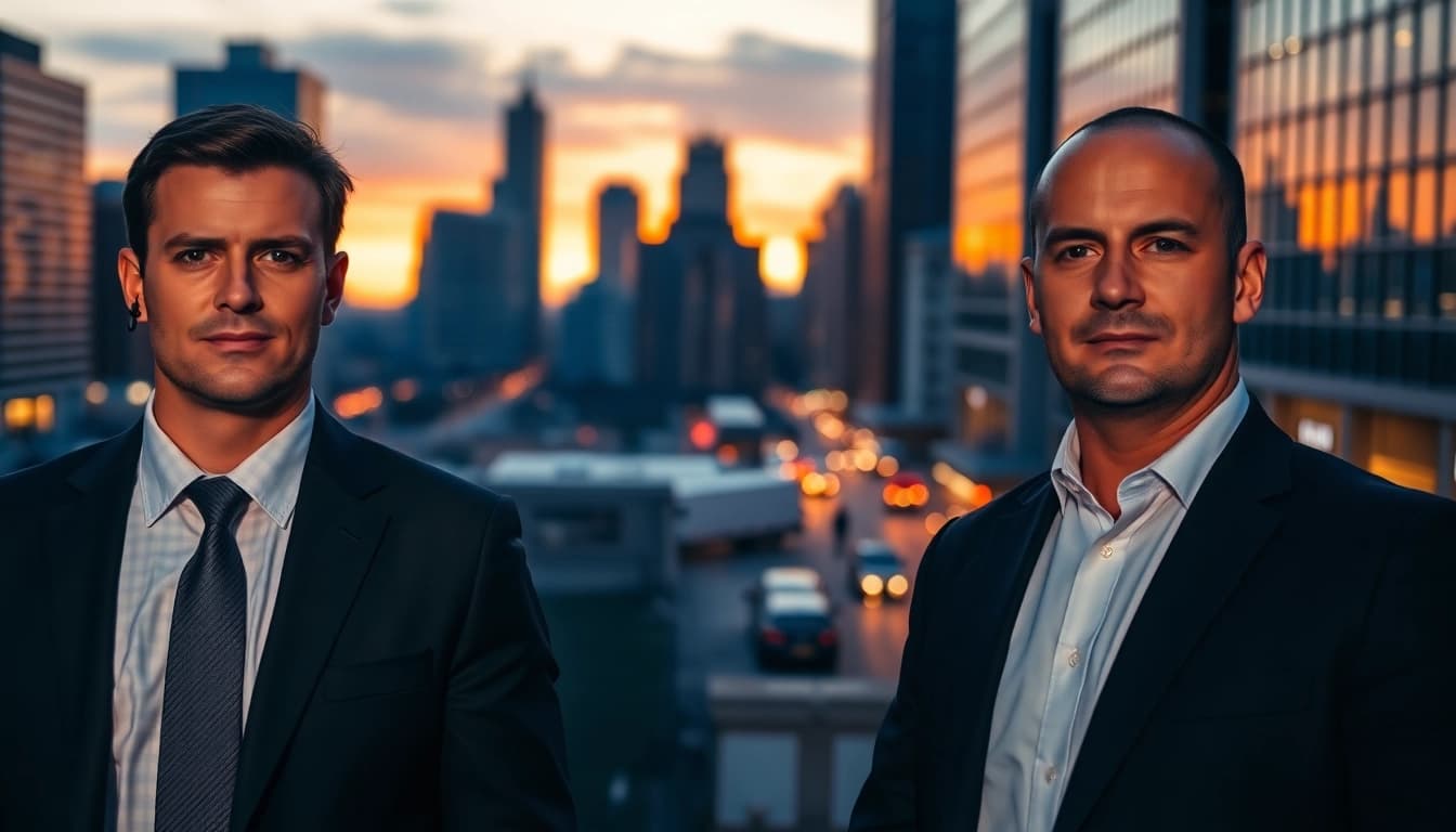 Bodyguards for hire standing vigilant in an urban setting during sunset.