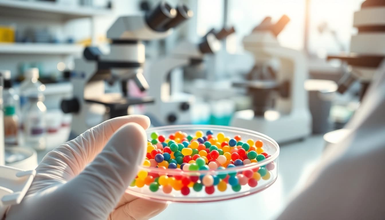 Scientists researching Peptides UK in a modern lab with vibrant peptide compounds.