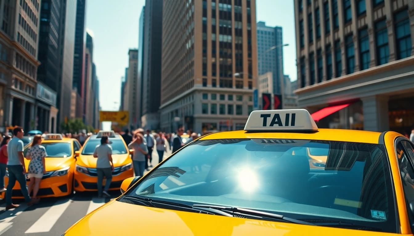 Dynamic scene with taxis at a bustling intersection, showcasing vibrant city life.