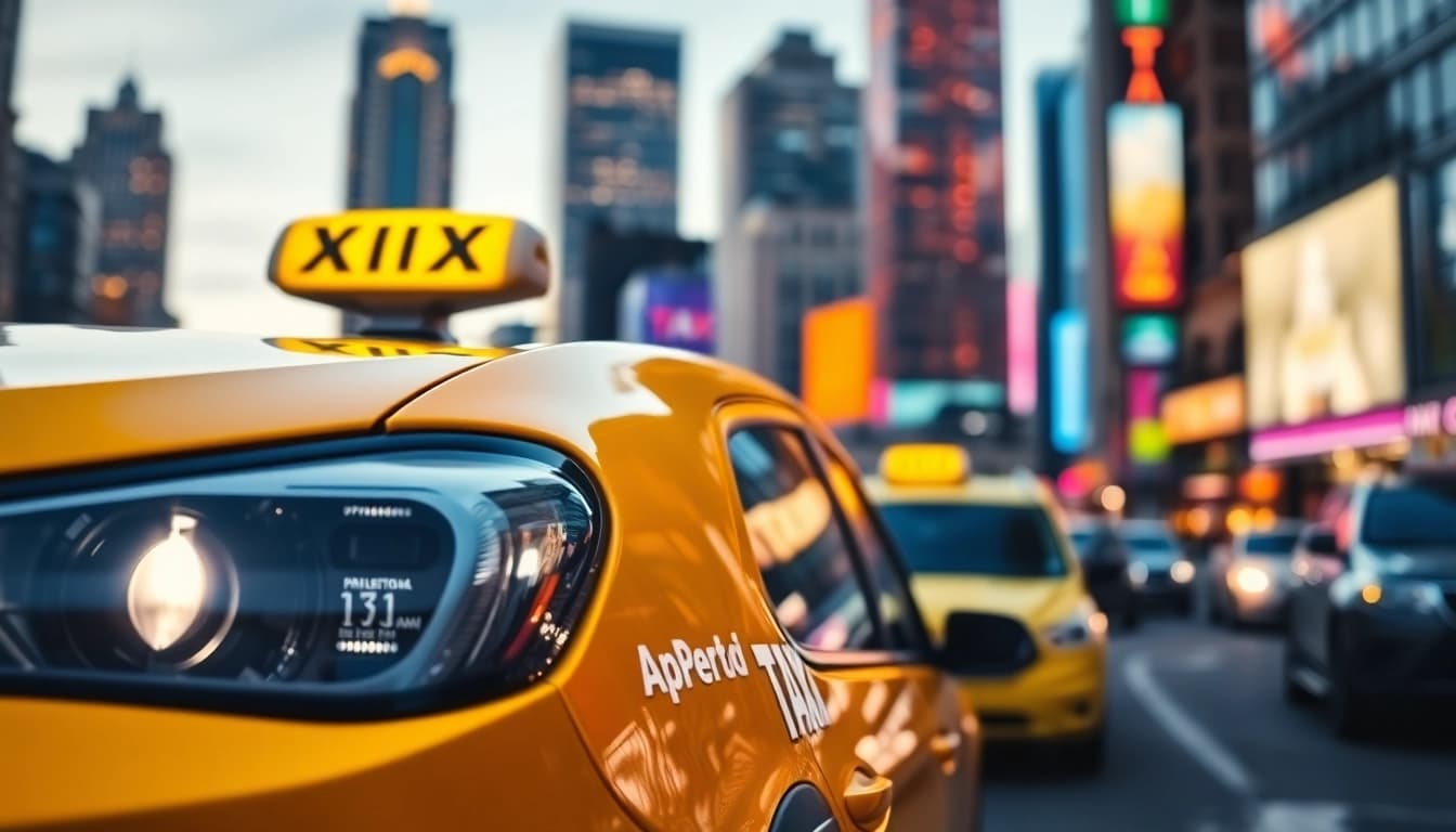 Taxis driving through a bustling city at twilight, highlighting urban transportation.
