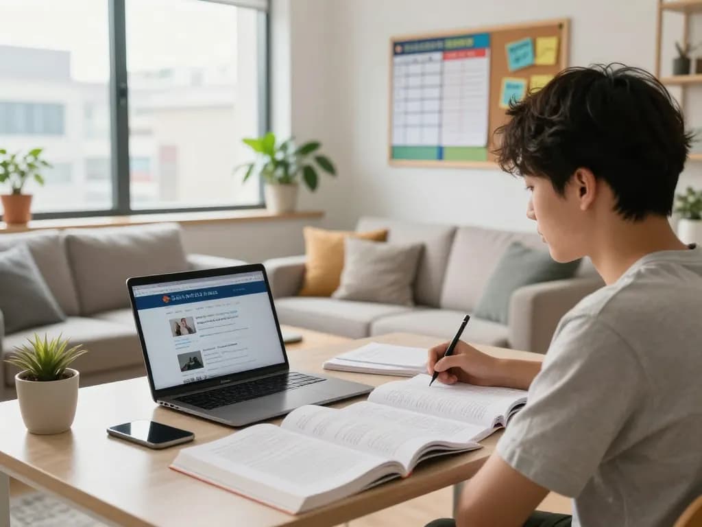 Student accommodation / rental advice blogs featuring a cozy study space with textbooks and a laptop.