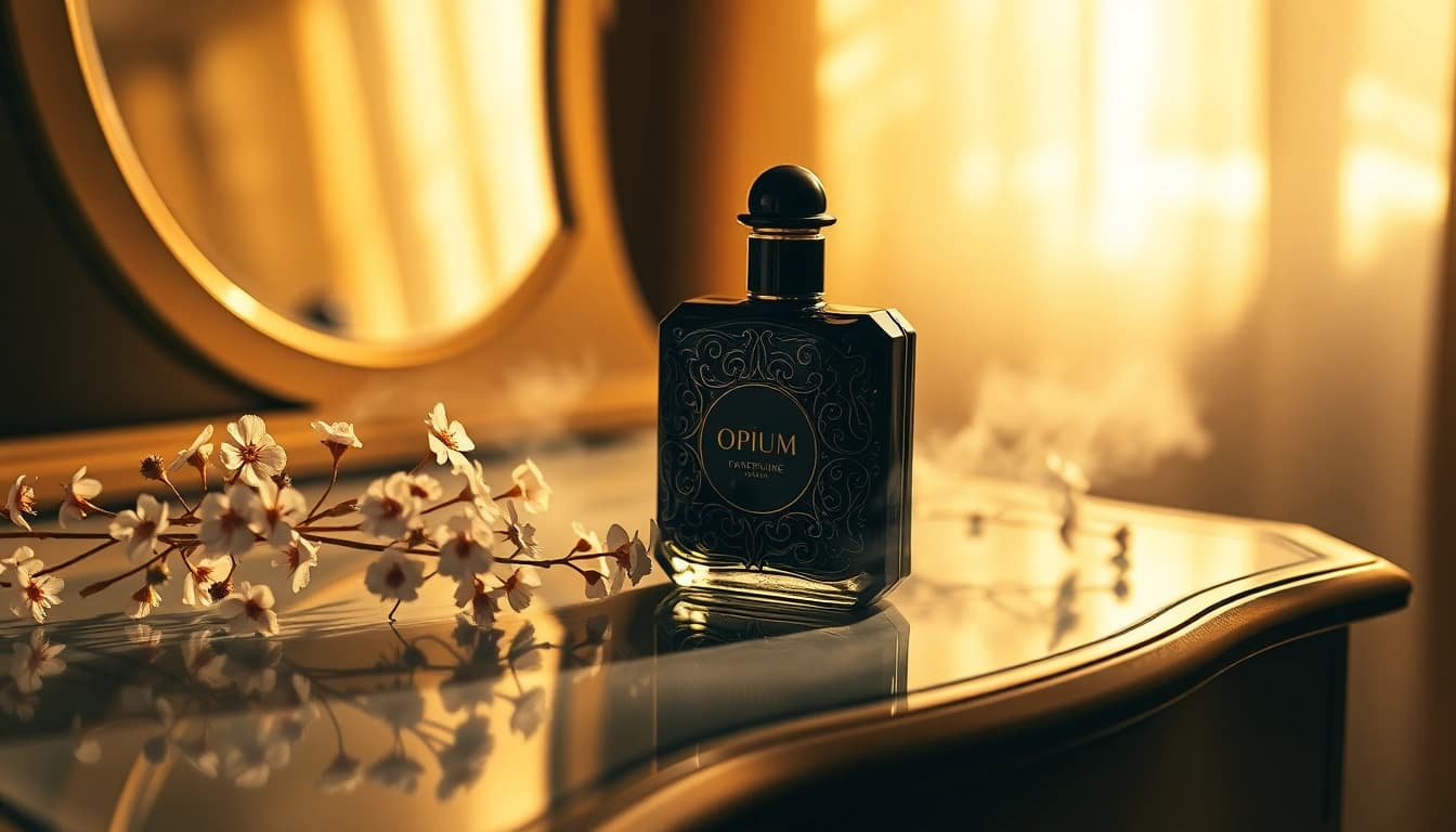 Admire the seductive Black opium fragrance bottle amidst delicate flowers and warm lighting.