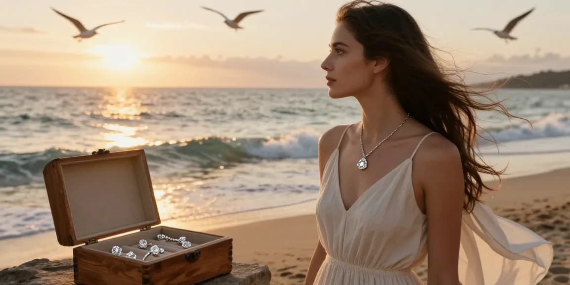 Lab grown diamond necklace UK worn by a woman by the shore at sunset, capturing memories.