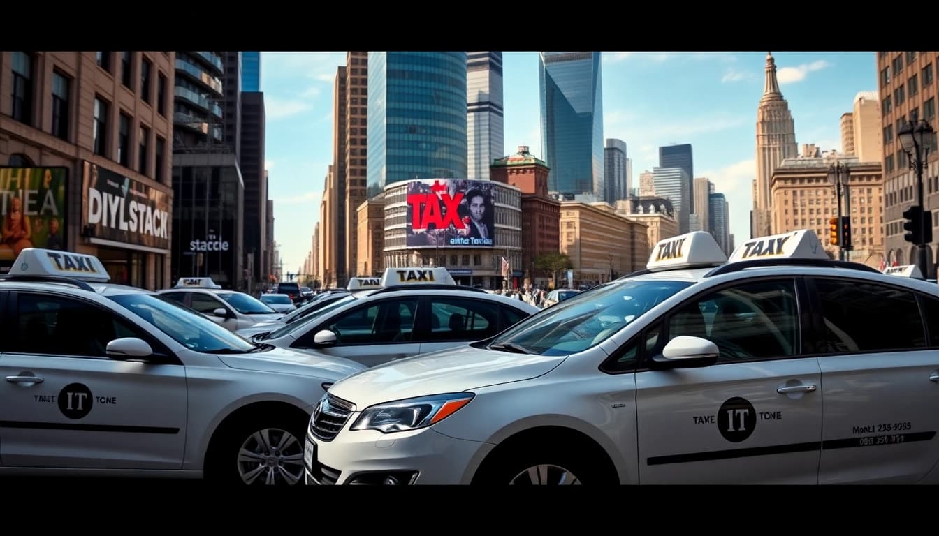 Cabs parked in a bustling street showcasing vibrant city life and energy.