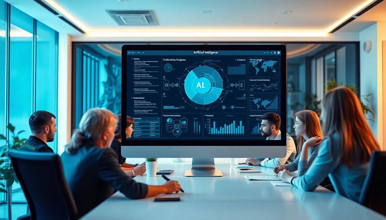 AI +18 advancements demonstrated in a modern workspace with data analytics.