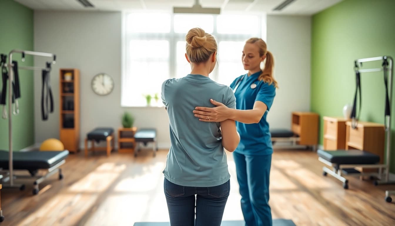 Illustration of back pain solutions with a professional therapist guiding a patient in a bright clinic.