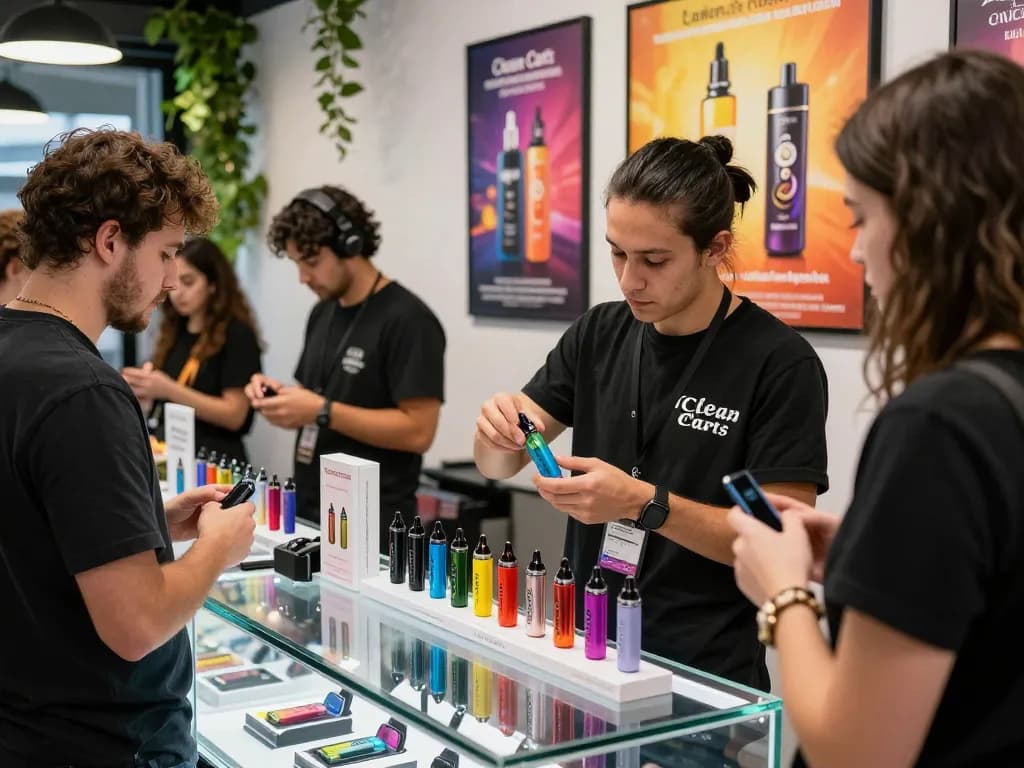 Customer exploring Clean Carts Official Website products in a modern vape shop with vibrant designs.