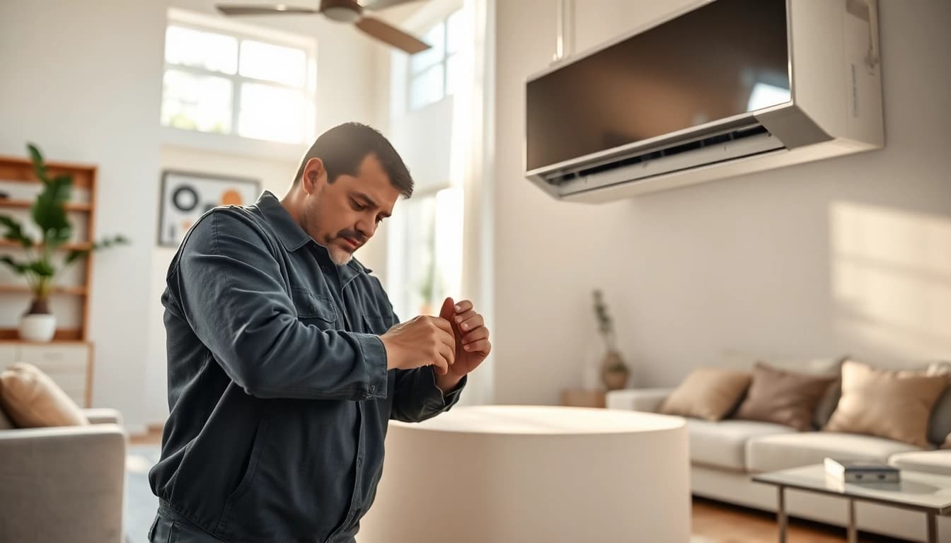 Technician performing Air Conditioning Repair Tampa in a bright living room setting.