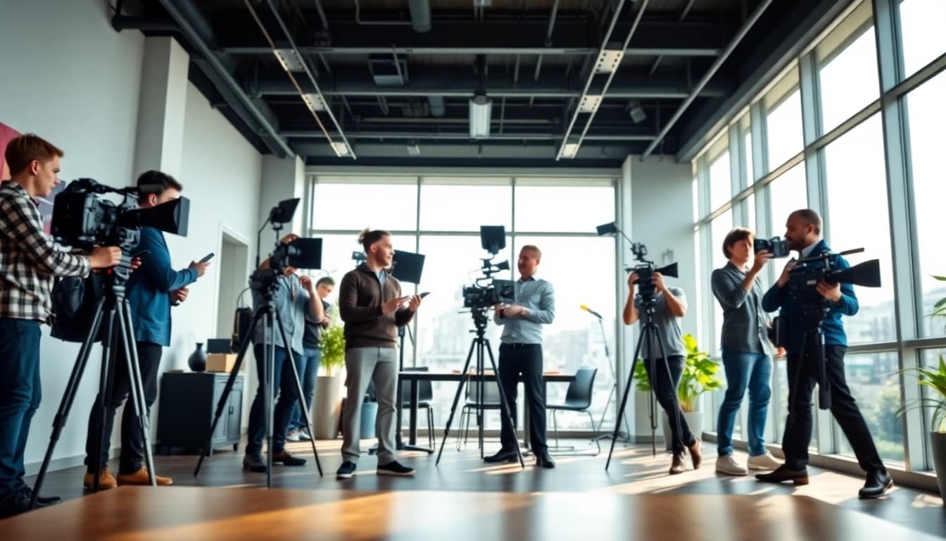 Engaged corporate video production toronto team collaborating in a bright office setting.