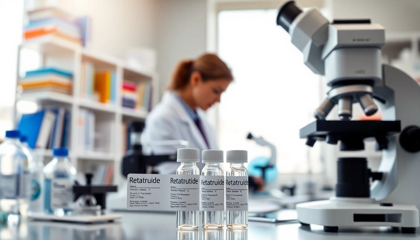 Scientist examining Retatrutide samples in a bright, modern laboratory.