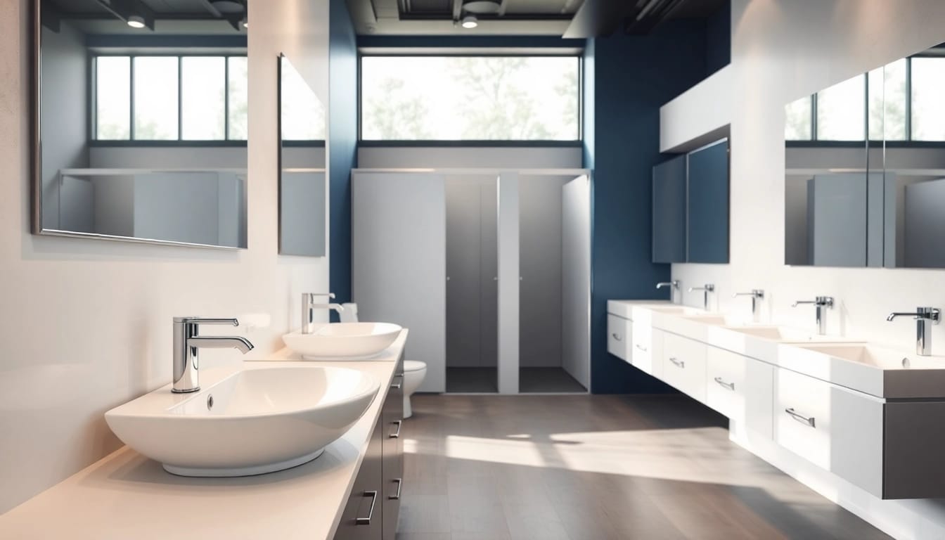 Modern commercial washroom refurbishment design displaying elegant sinks and stalls in a professional setting.
