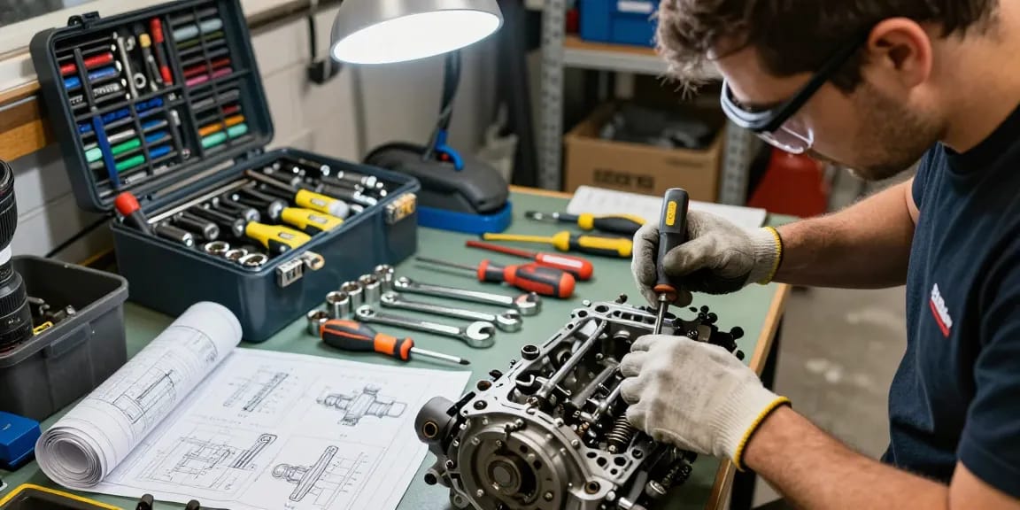 Craftsman using gedore tools for automotive repair in a professional workshop.