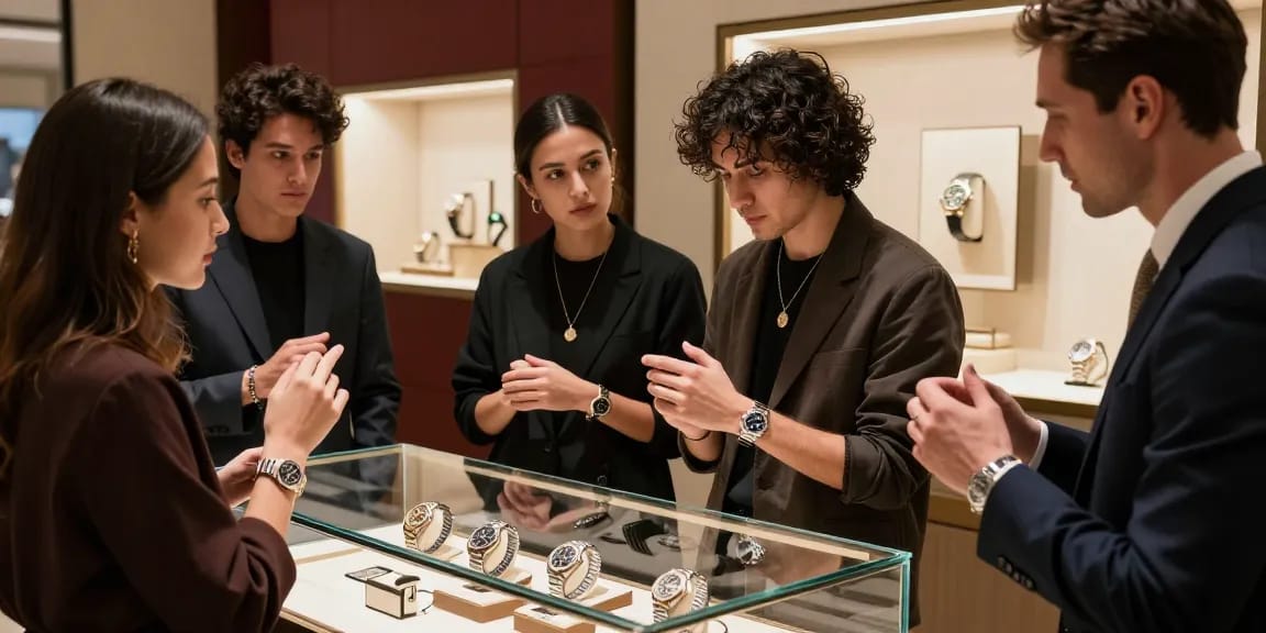 Stylish shoppers exploring premium rolex replica watches in an elegant retail space.