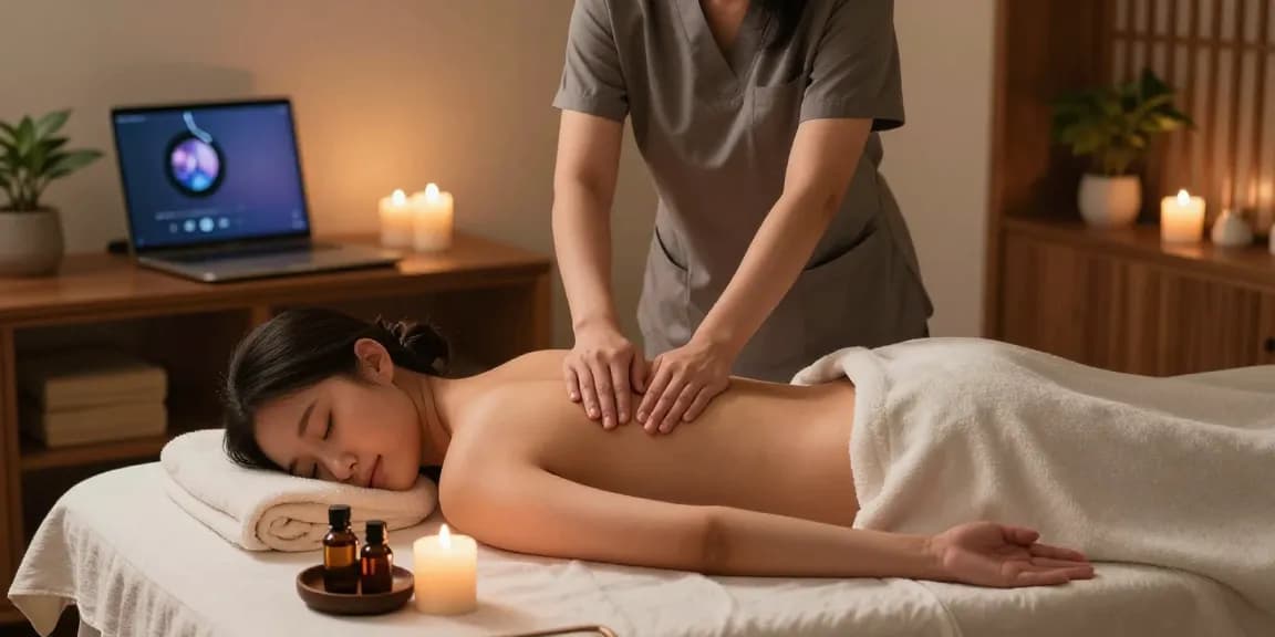 Relaxing 상봉동출장마사지 session in a tranquil setting with candles and essential oils.