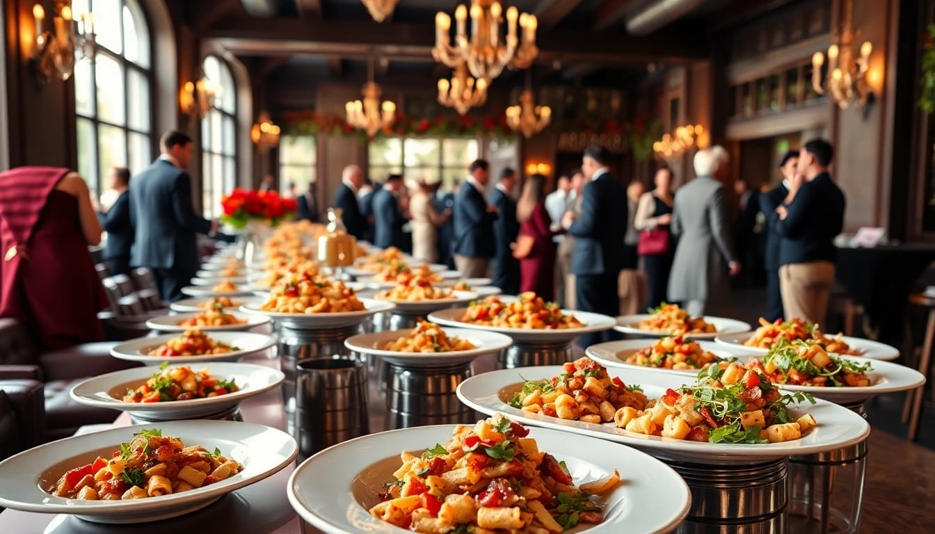 Cateringhirelondon showcases a beautifully arranged event with decorative food displays and elegant atmosphere.