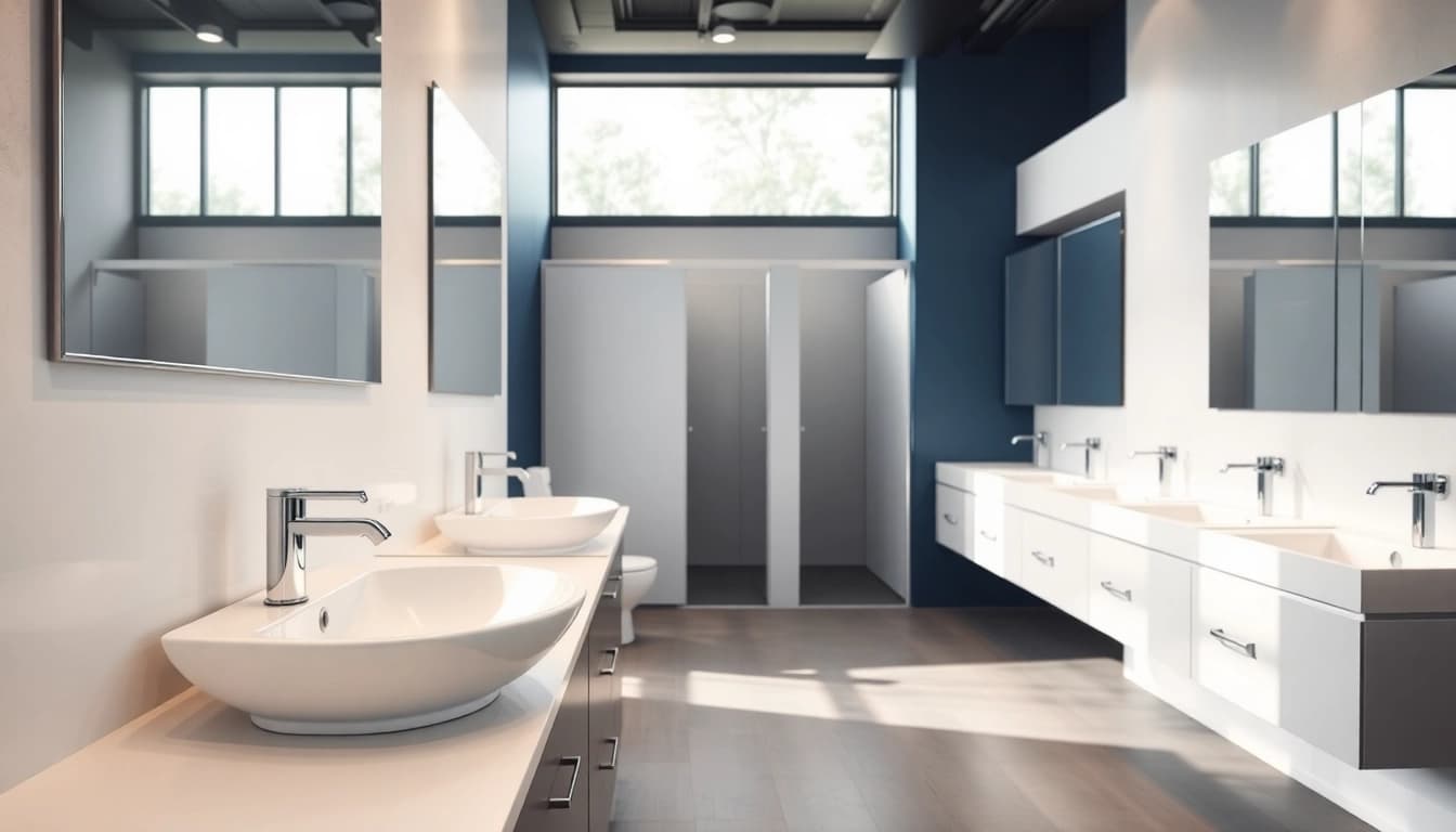 Modern commercial washroom refurbishment design displaying elegant sinks and stalls in a professional setting.