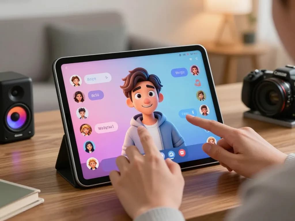 Engaging virtual chat with crush on ai character in a cozy home setting.