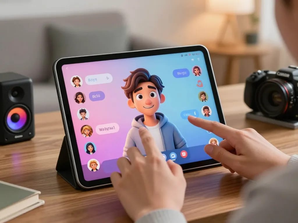 Engaging virtual chat with crush on ai character in a cozy home setting.