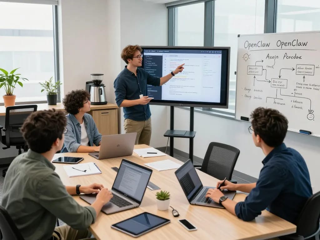 Team collaborating on OpenClaw AI features in a modern tech workspace.