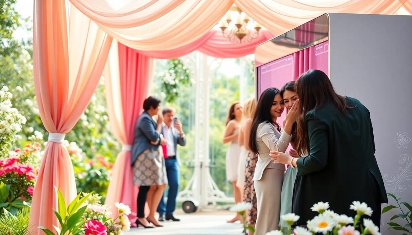 Guests enjoying a photo booth rental experience at a lively outdoor wedding event.