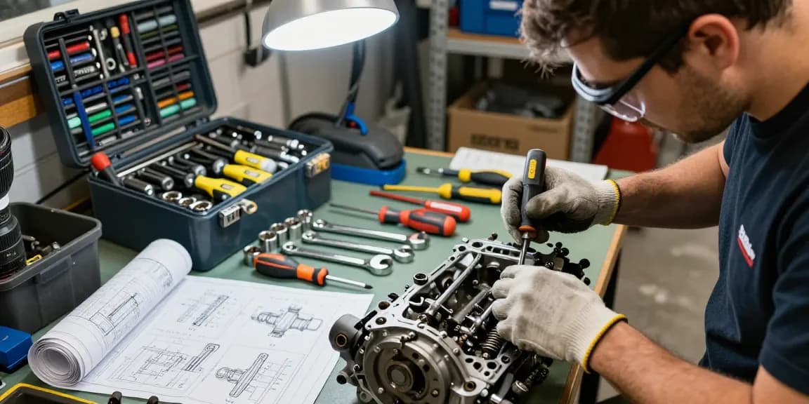 Craftsman using gedore tools for automotive repair in a professional workshop.