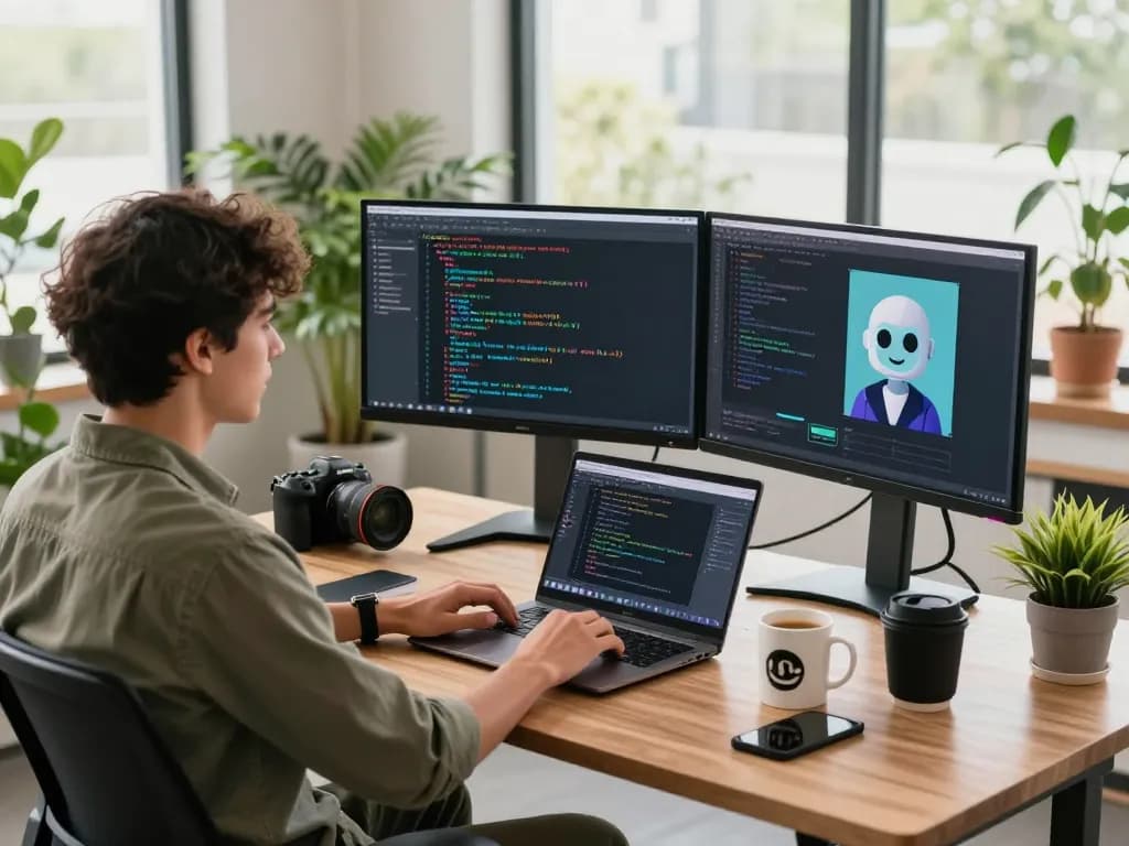 Engaging tech workspace for spicy ai chatbot development with dual monitors and creative atmosphere.