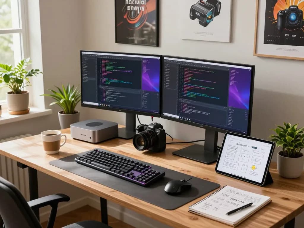 Setting up a Mac mini in a modern home office with dual monitors and productivity tools.