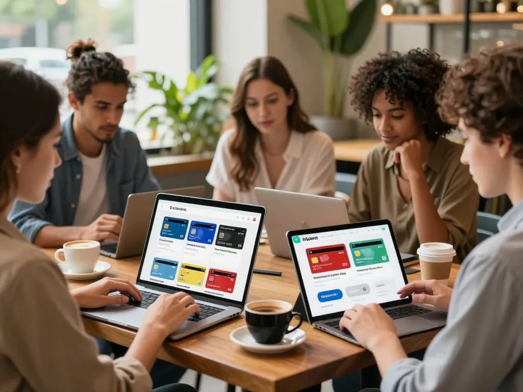Ezzocard virtual prepaid card shopping experience in a modern café setting, showcasing diverse users engaged with their devices.