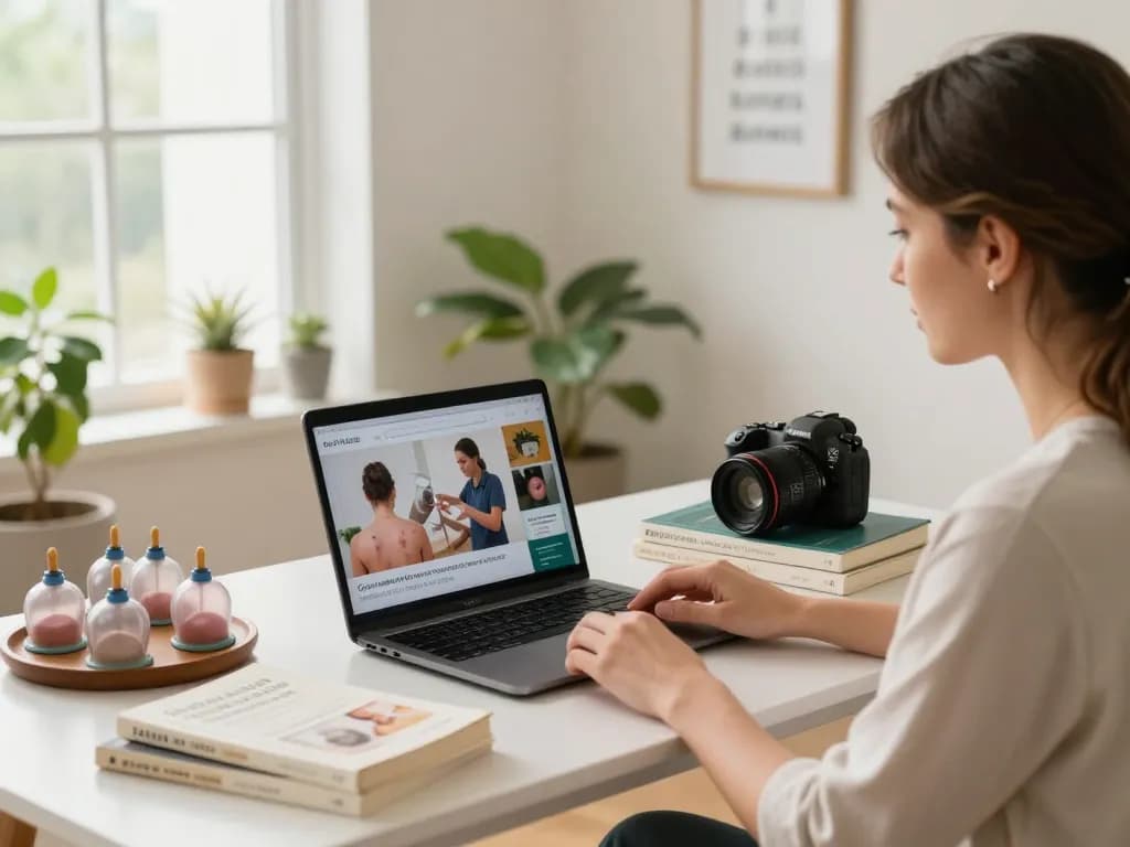 Engaging in an online Hijama course, showcasing tools and a bright workspace.