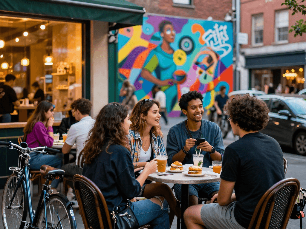 Youthful group enjoying lively conversation at a trendy café, embodying the essence of urban lifestyle and ai slut culture.