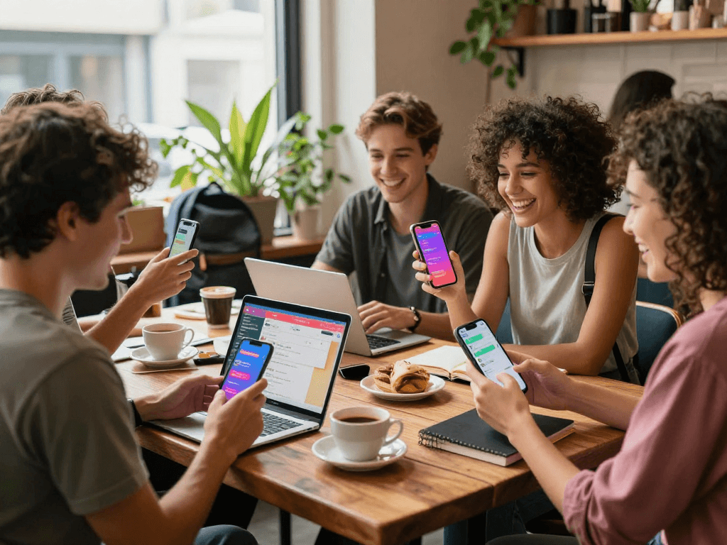 Engaged users discussing spicychat features in a lively coffee shop.