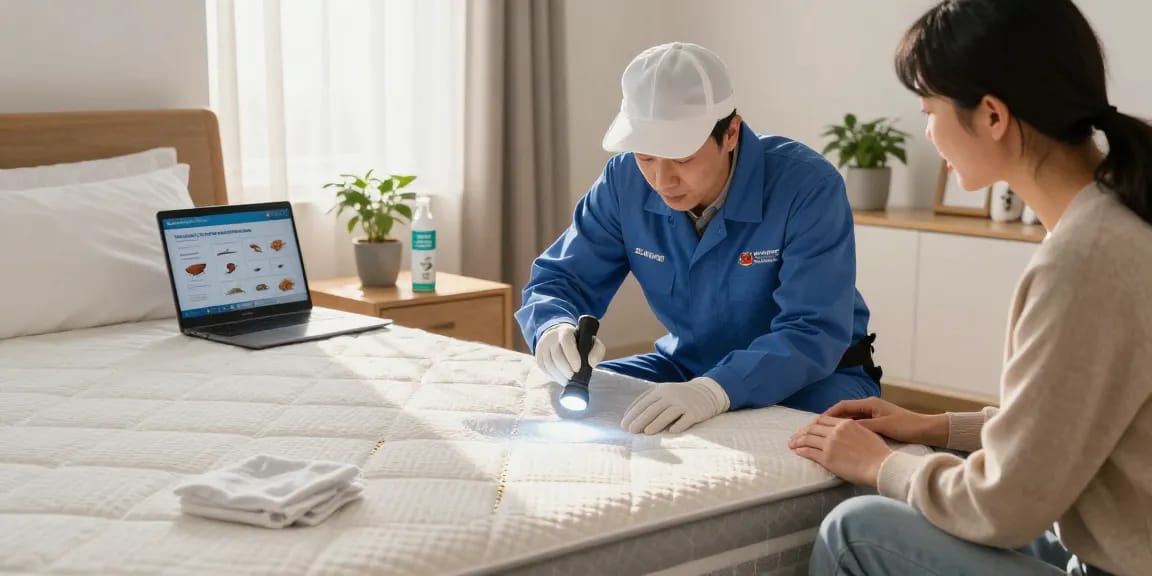 Bed bug exterminators inspecting a mattress for signs of infestation in a cozy bedroom setting.