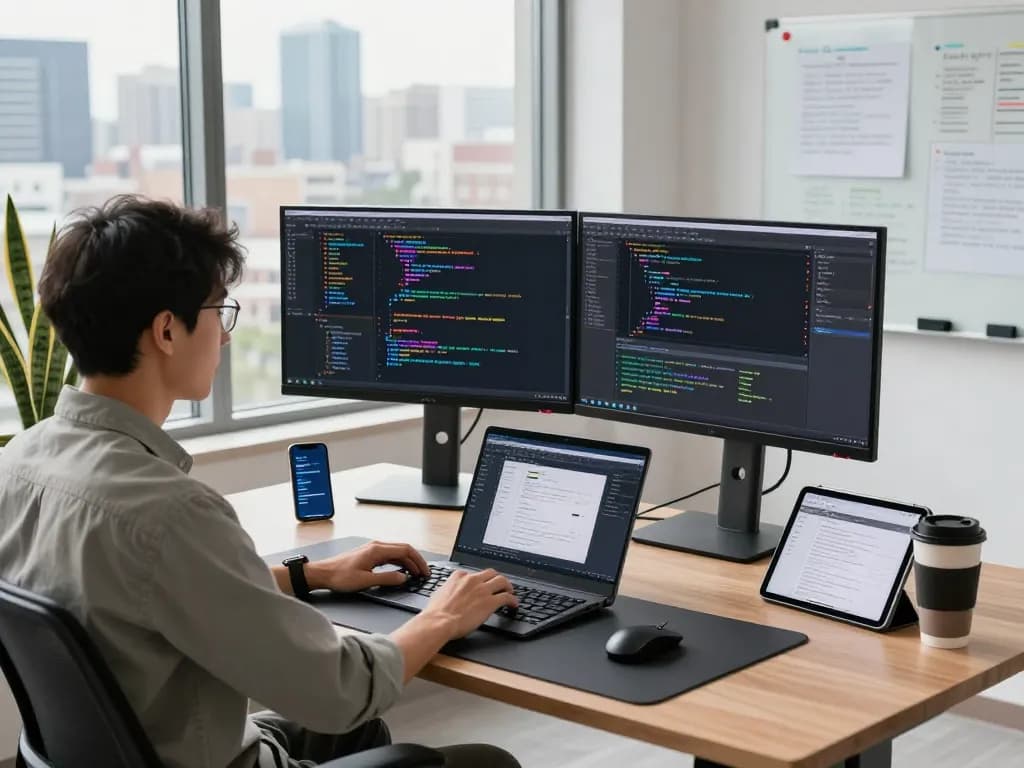 快连 network acceleration software developer workspace with coding setup and city skyline