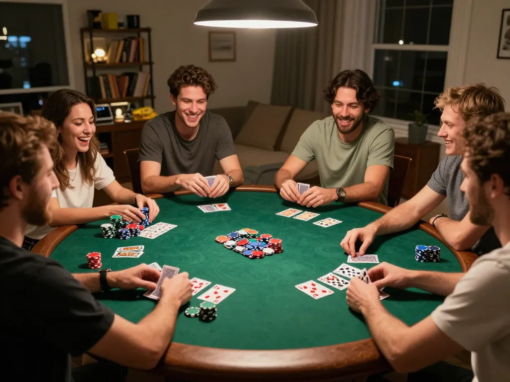 NHÀ CÁI SC88 hosts an exciting home poker night with friends enjoying cards and chips