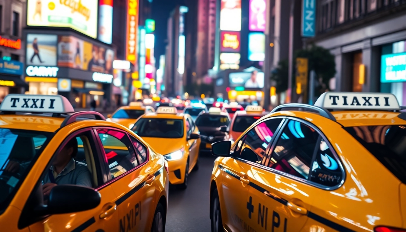 Taxis navigating brightly lit city streets, showcasing diverse vehicles in motion.