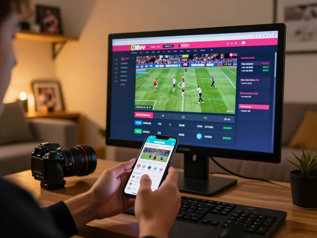 Players engaging with the 88vv app for interactive sports betting, showing odds and excitement in a cozy living setting.