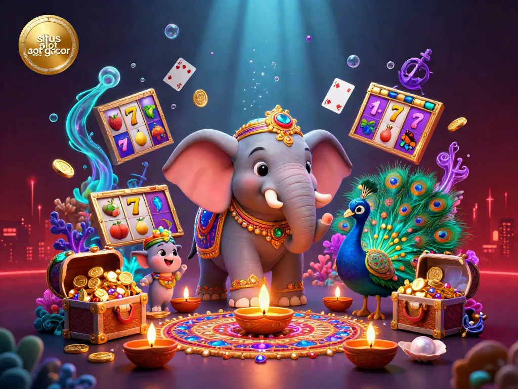Situs slot gacor showcases colorful slot elements with a festive 3D cartoon Diwali-themed scene.