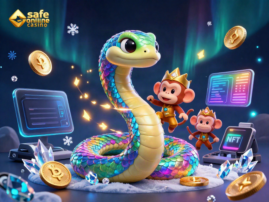Experience the excitement of a safe online casino with vibrant characters and luminous crypto elements.