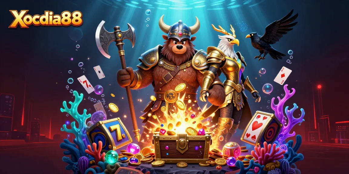 Xocdia88 offers thrilling gaming experiences with vibrant visuals of a Viking bear and golden Valkyrie.
