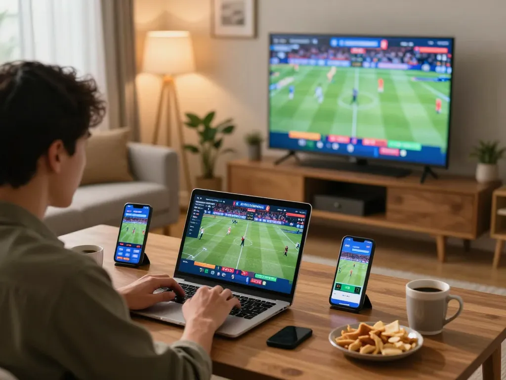 Engaged user placing bets on tg88 sports betting platform from a cozy home setting.