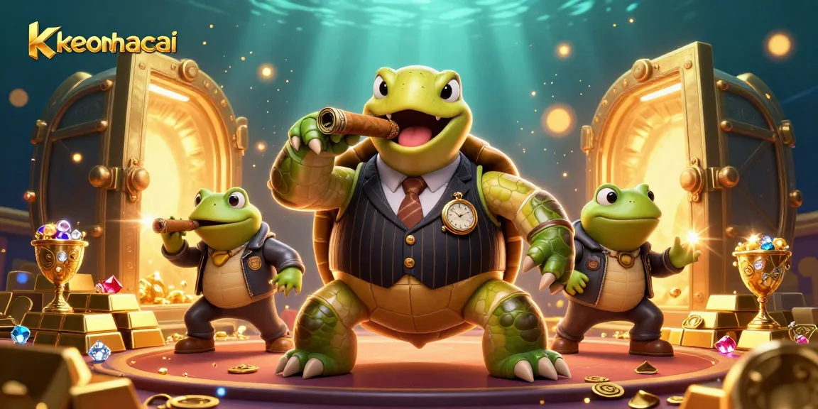 Engage with keonhacai's vibrant casino scene featuring a snapping turtle and bullfrog enforcers amidst treasure and gems.