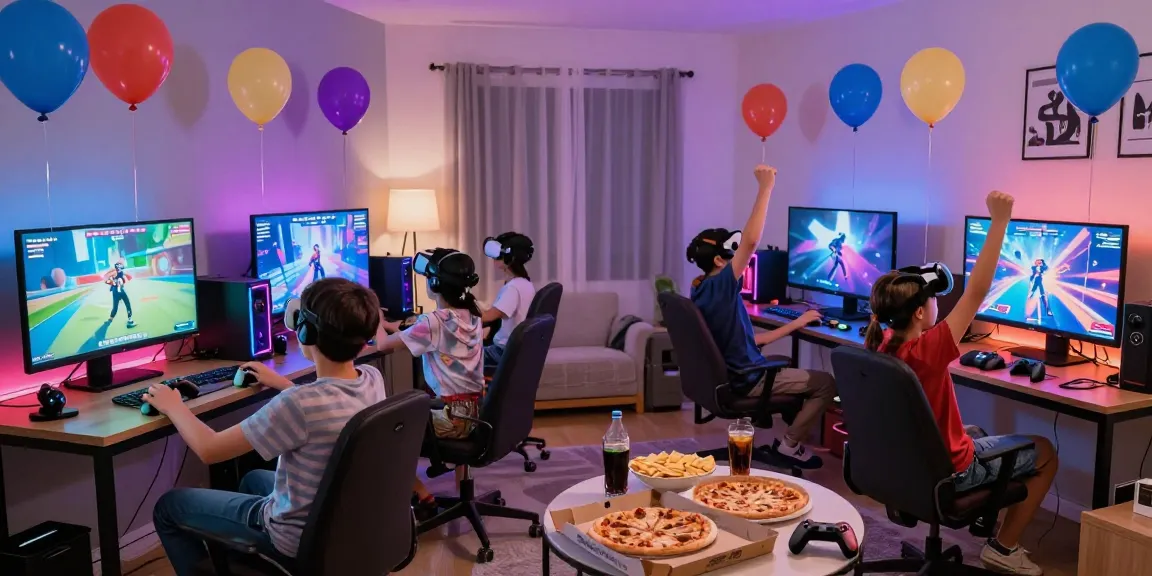 Kids having fun at top gaming parties with VR headsets and consoles set up in a lively living room.