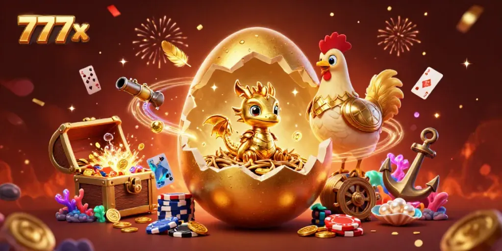 Experience the 777x gaming world with a golden dragon amidst poker chips and vibrant confetti.