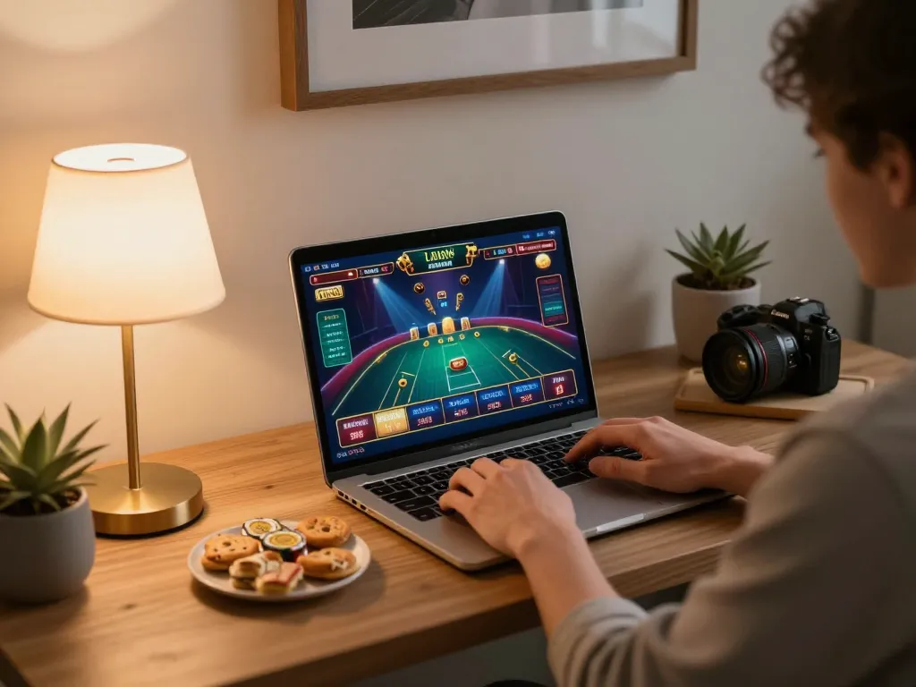 Player enjoying open88 nhà cái experience on a laptop in a warm, organized environment.
