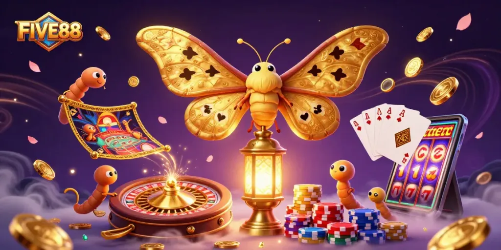 Engage in thrilling gameplay at FIVE88 with a vibrant 3D casino scene featuring dynamic characters and exciting elements.