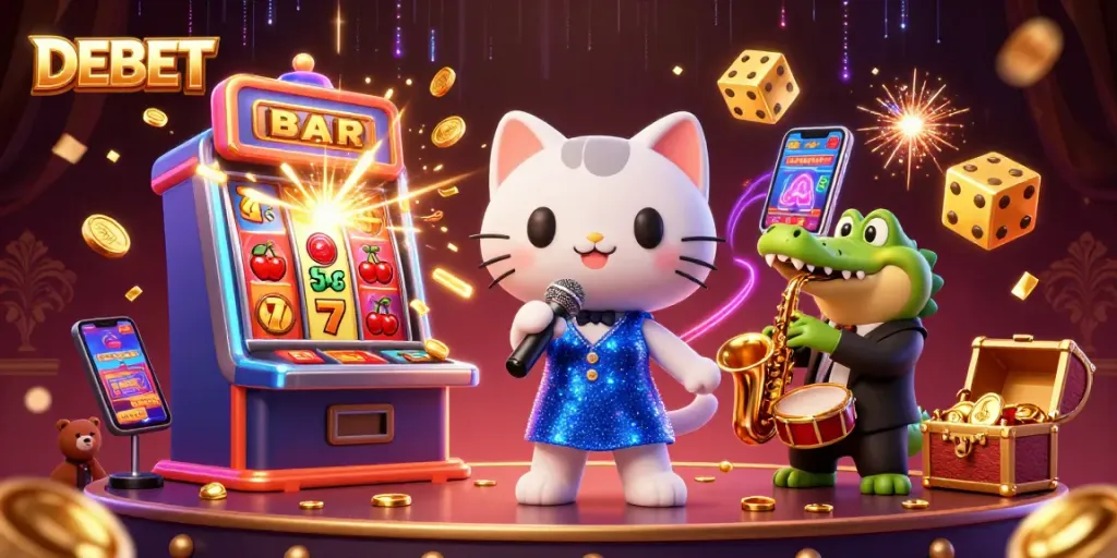 Experience the thrill of DEBET casino with vibrant characters surrounded by dynamic gaming elements.