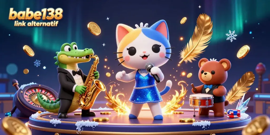 Gambarlah di dunia perjudian dengan "babe138 link alternatif" yang menunjukkan kucing penyanyi jazz 3D, buaya, dan beruang.