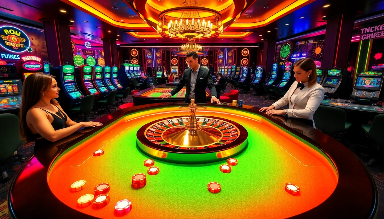Excited players at HUBET roulette table surrounded by vibrant slot machines and casino chips.